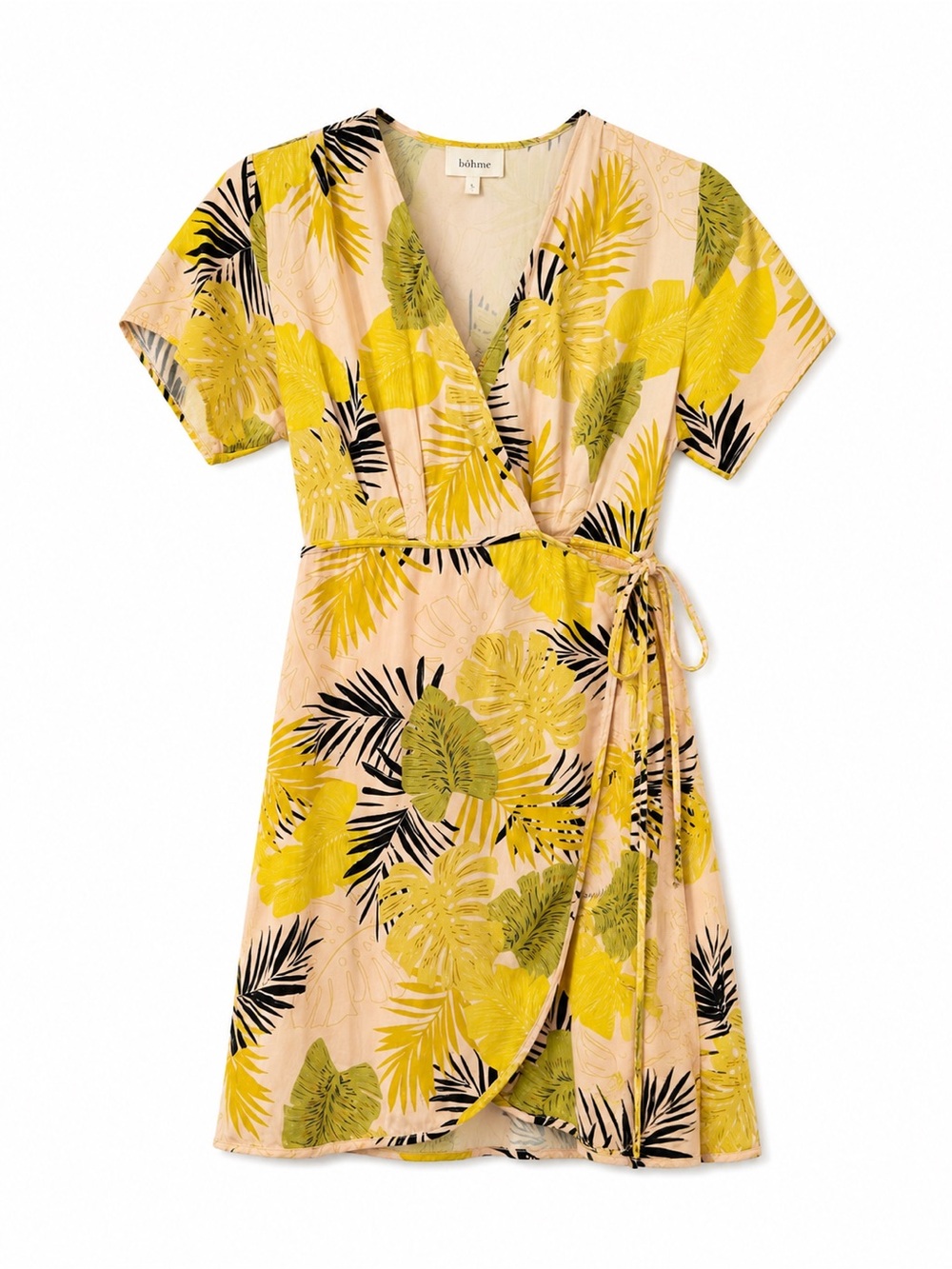 bohme Yellow and Black Tropical Midi Wrap Dress